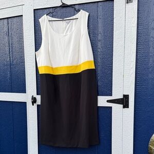 Sandra Darren White, Yellow, and Black Midi Dress